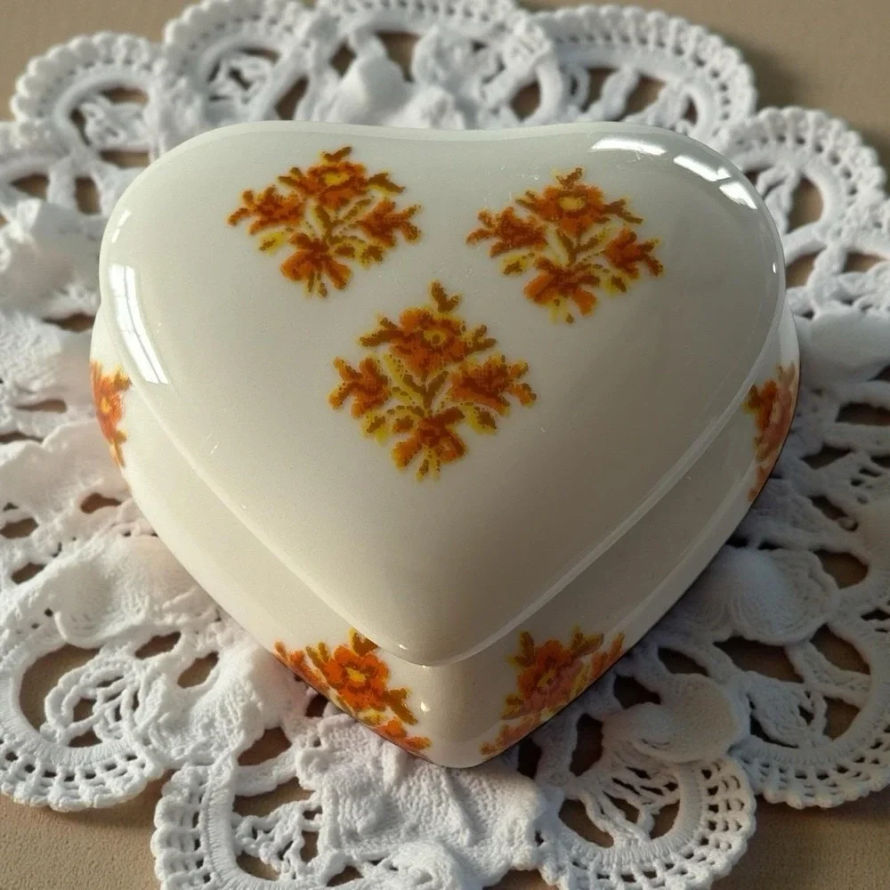 Limoges France Trinket Box Hand Painted Heart Shaped Floral Orange VTG Porcelain